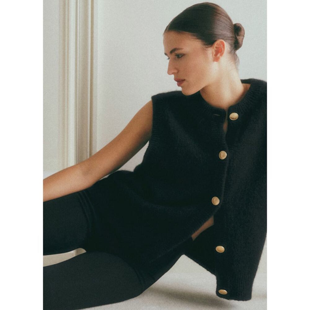 SEZANE Sacha Sweater Vest Cardigan Black w/ Gold Button Wool Blend Women's M - Picture 12 of 12